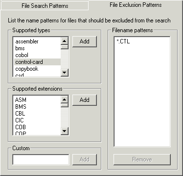 File Exclusion Patterns tab