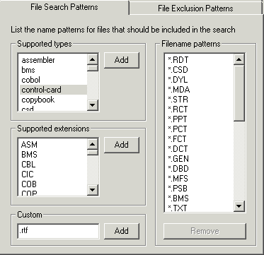 File Search Patterns tab
