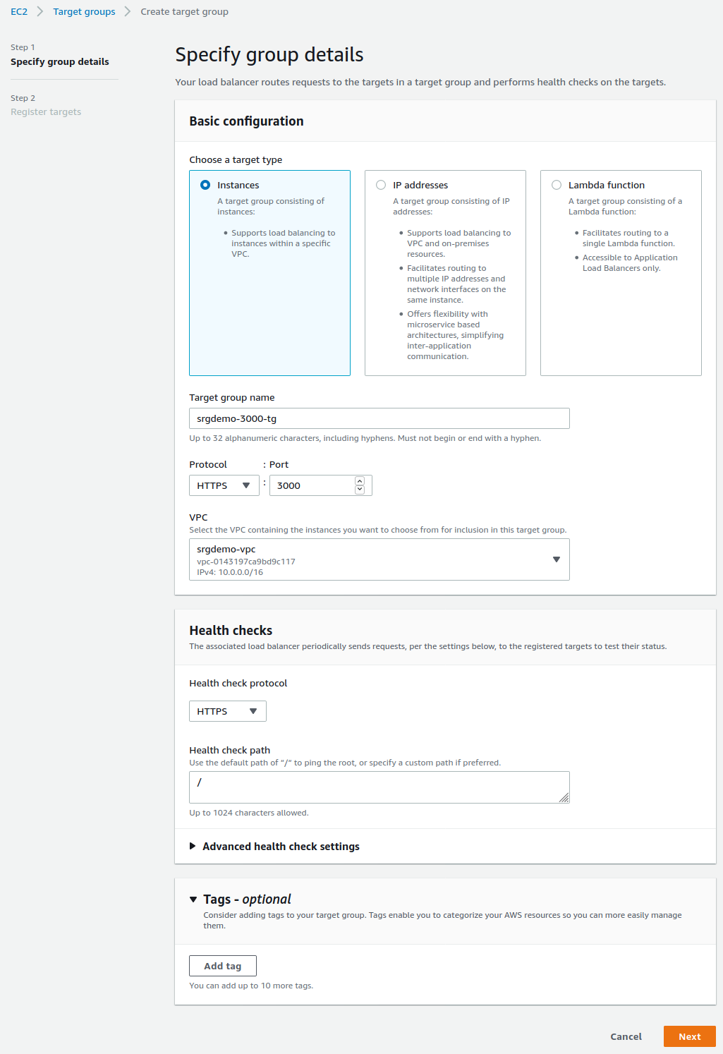 Target Group Port Example Creating the Target Group for Port 3000