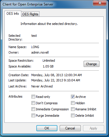 Novell Info dialog box