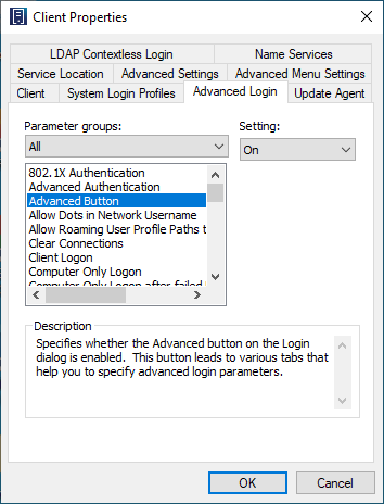 Advanced Login property page with Show on Login parameter group selected