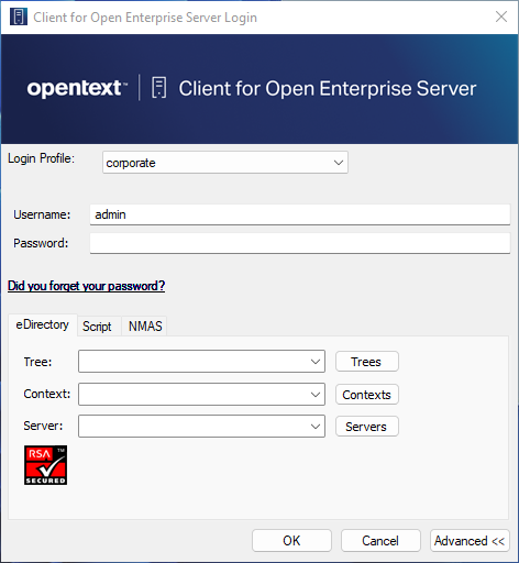 Client for OES Login dialog box with Corporate login profile selected