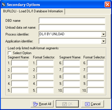 Secondary Options - Load DL/I Database Information