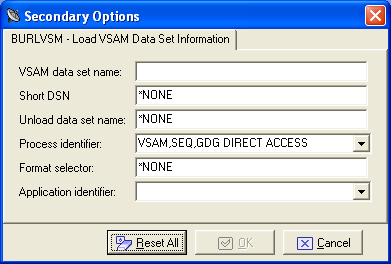 Secondary Options - Load VSAM data set information