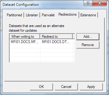 Dataset Configuration Redirections tab