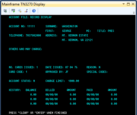 CICS Application in the Rumba Mainframe Display