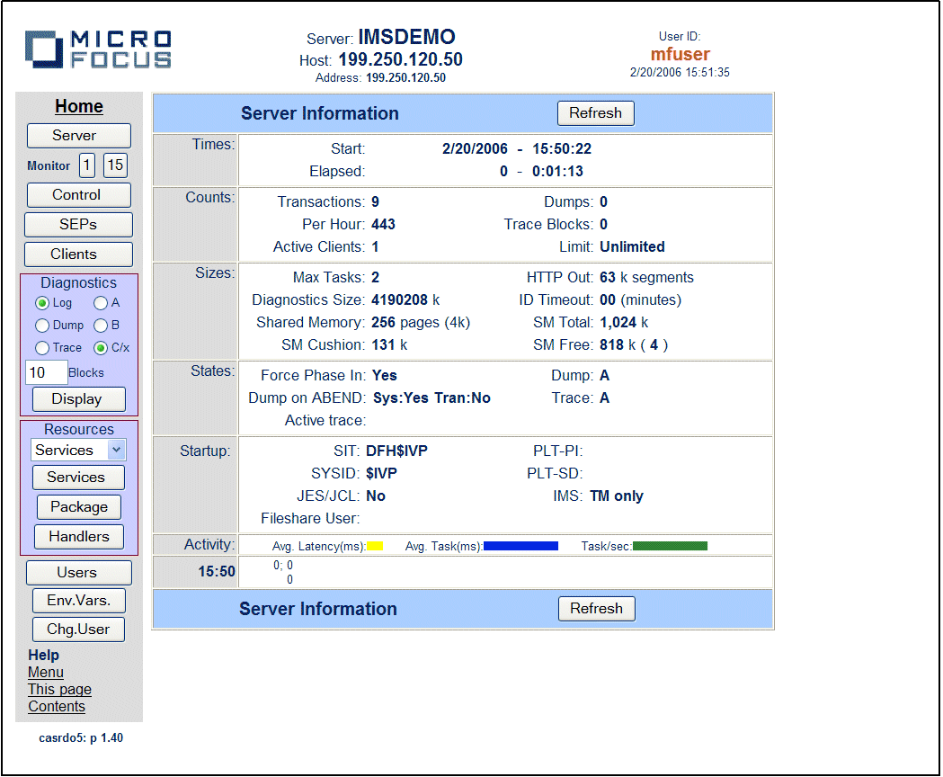 ESMAC Server information page for IMS