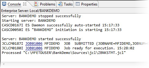 The Console tabbed view showing the results of submitting a JCL job