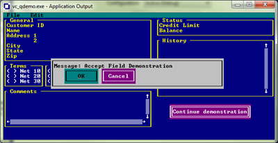Application Output window for vc_qdemo.exe showing OK and Cancel buttons for the message "Accept Field Demonstration"