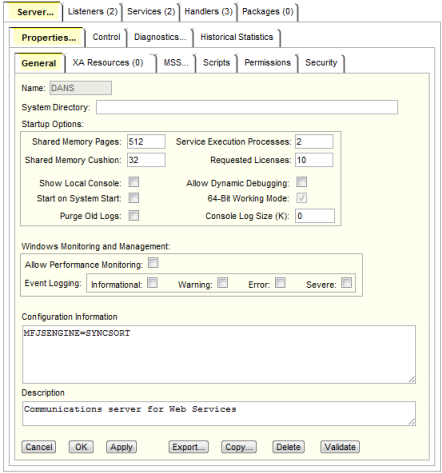 Screenshot of default MFJSENGINE settings in Enterprise Server Administration