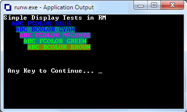 Sample output showing text with foreground color blue, background color cyan, foreground color magenta, foreground color green, and background color brown
