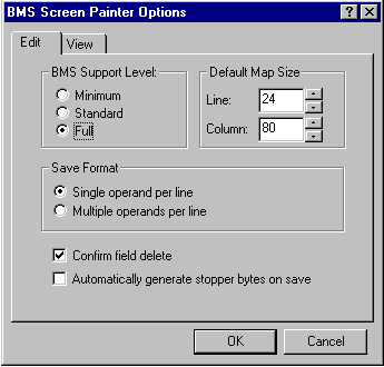 The Edit tab of the BMS Screen Painter Options dialog box