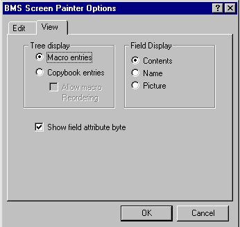 The View tab of the BMS Screen Painter Options dialog box