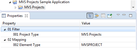 MVS Projects sample application filter and mapping properties