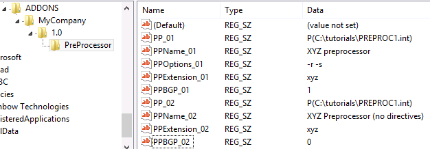 Screenshot of registry entry for PreProcessor