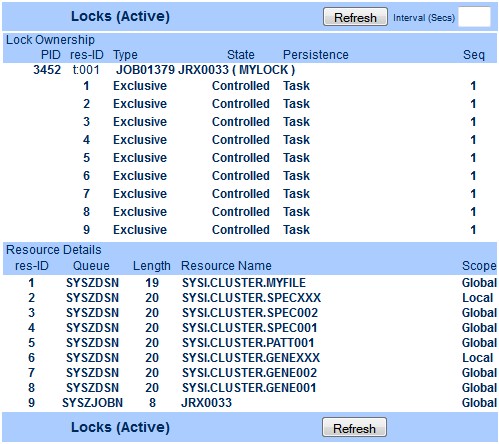 Screenshot of an active Locks screen in ESMAC, showing only the owner's locks