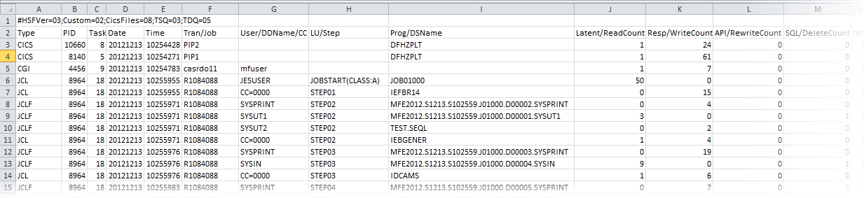 Sample HSF information shown in Microsoft Excel