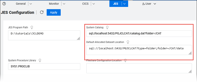Using the System Catalog and Default Allocated Dataset Location fields to specify a catalog file