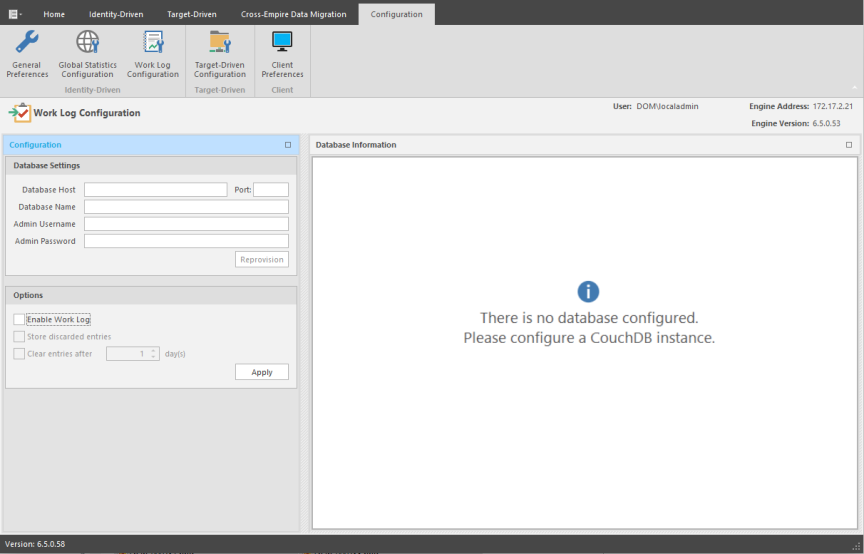 Establishing the Work Log Database Settings in the Admin Client