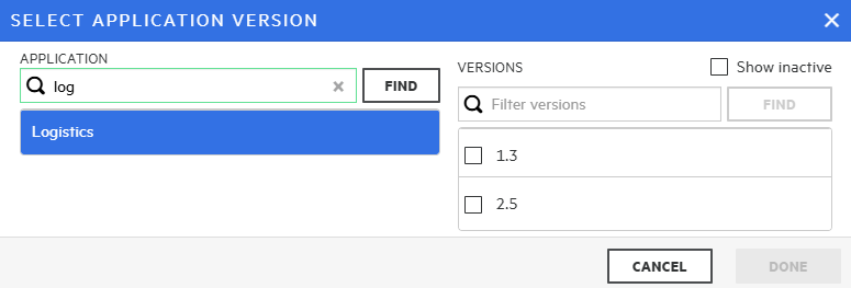 Select application version dialog box to select an application name and version