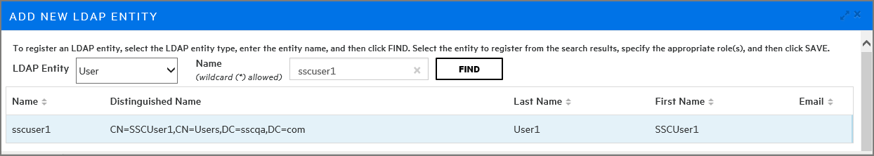 Add New LDAP Entity dialog box showing returned entities