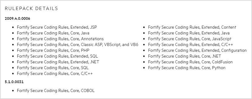 The Rulepack Details box that shows a list of the coding rules applied during the scan, grouped by Rulepack version.