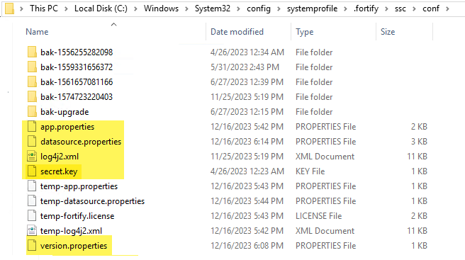app.properties, datasource.properties, log4j2.xml, secret.key, version.properties
