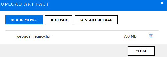 Upload Artifact dialog box where you can upload one or more artifacts to scan.