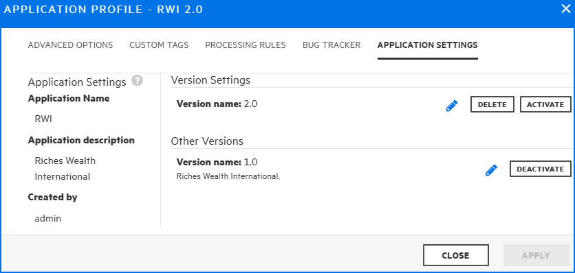 Application tab in the Application Profile dialog box where you can reactivate an application version when another version of the application exist.