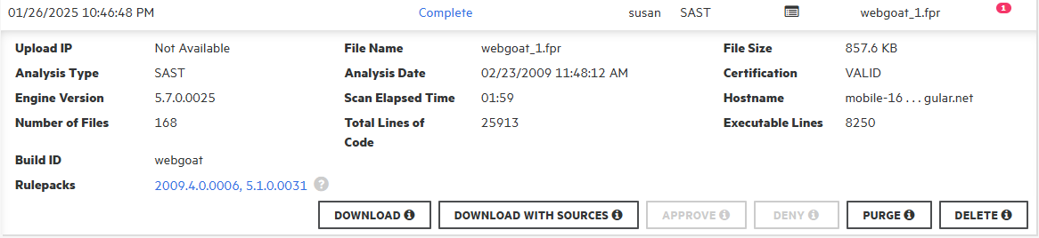 Details of an artifact that shows the analysis engine version, number of files, and lines of code scanned, the analysis date, and more