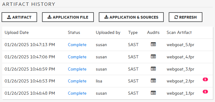 Artifacts History table that lists all the scan artifacts uploaded for the application version