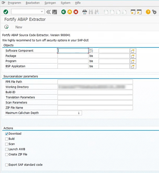 Fortify ABAP Extractor dialog box Fortify ABAP Extractor dialog box