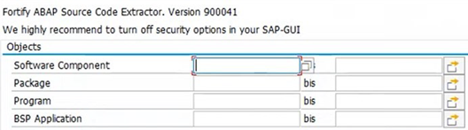 Fortify ABAP Extractor dialog box select software component Fortify ABAP Extractor dialog box select software component