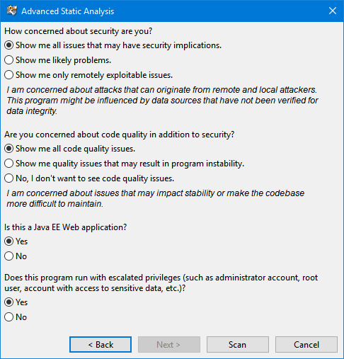 Advanced Static Analysis Scan Settings page
