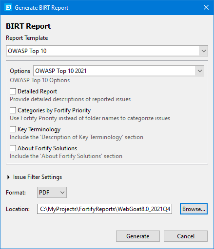 Generate BIRT Report dialog box