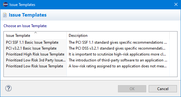Issue Templates dialog box