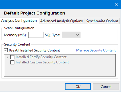 Default Project Settings - Analysis Configuration