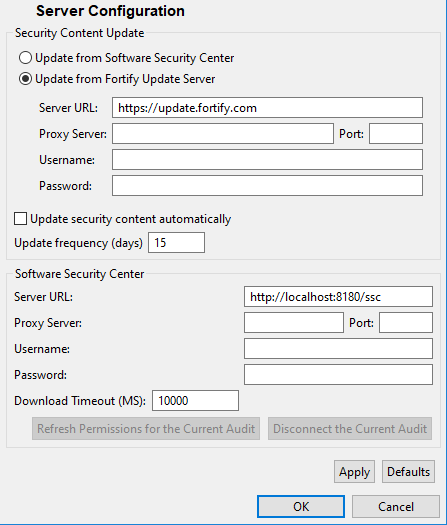 Options Server Configurations page