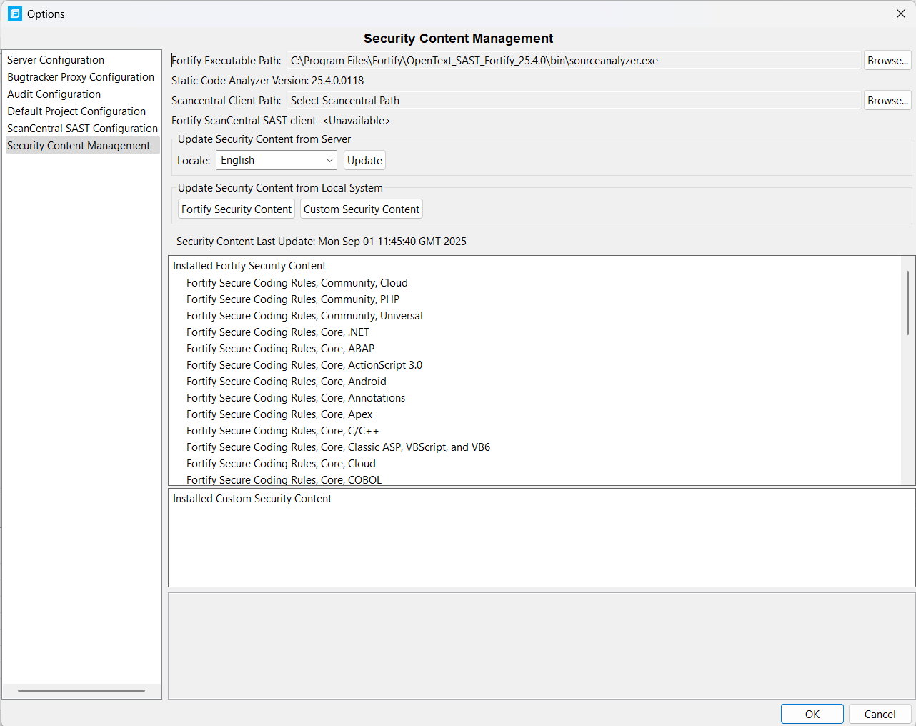 Options Security Content Management page
