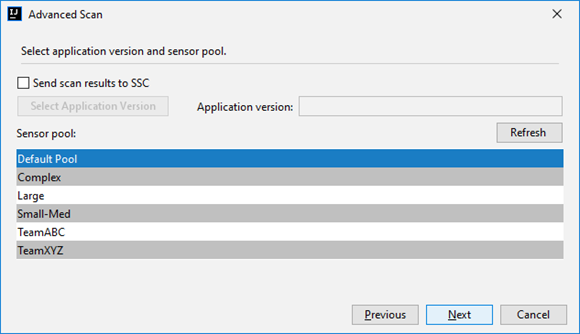 Advanced Scan with ScanCentral - Select application version and sensor pool