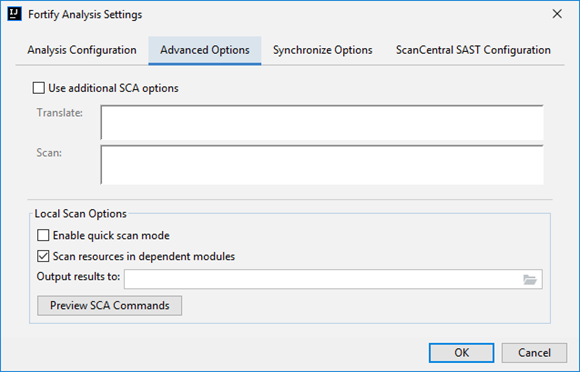 Fortify Analysis Settings dialog box - Advanced Options