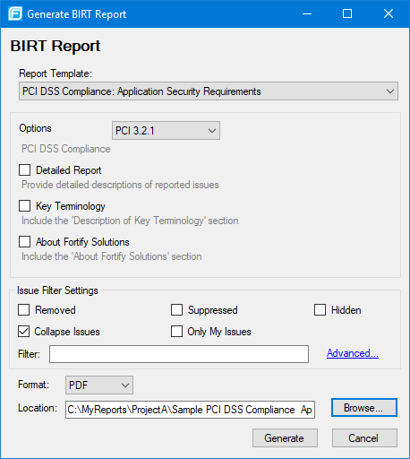 Generate BIRT Report dialog box