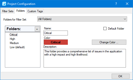 Folders tab in the Project Configuration dialog box