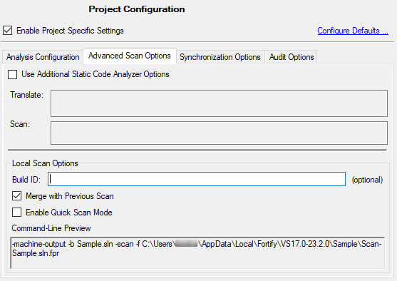 Fortify Options: Project Configuration, Advanced Scan Options