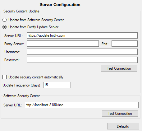 Configure Security Content page of options dialog box