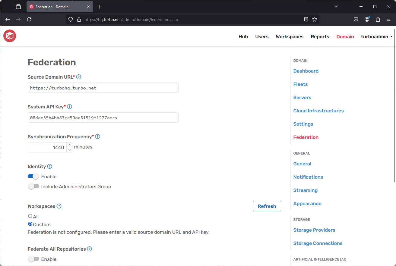 Server admin domain federation