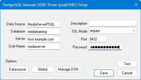 Screenshot of PostgreSQL ODBC Data Source Configuration on Windows.