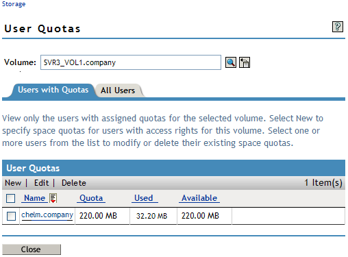 Sample Users with Quotas Page for User Quota Management on an NSS Volume