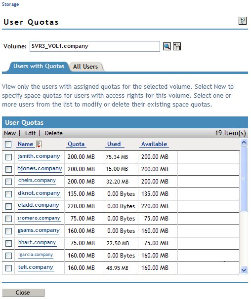 Sample Users with Quotas Page for User Quota Management on an NSS Volume