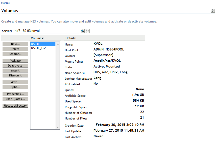 Sample Volume Management Page for NSS on NetWare